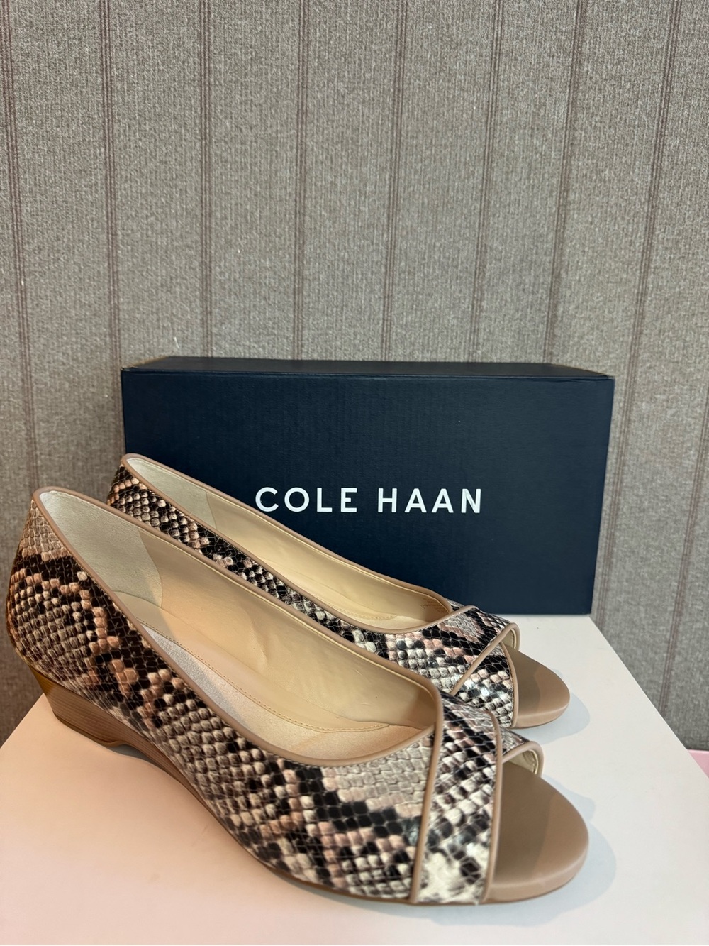 Cole Haan Snake-Print Peep Toe Wedge in Beige and Brown